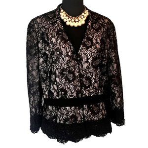 Tahari Luxe women's blazer black lace overlay on pink satin size 14